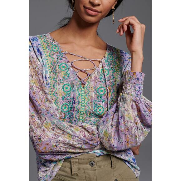 by Anthropologie Pastel Purple Tie Odetta Embroidered Blouse - Picture 1 of 5